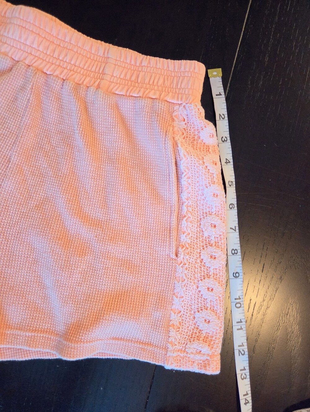 Hem & Thread Cotton Peach High Waist Lounge Shorts Crochet Lace Trim, S - Picture 6 of 7
